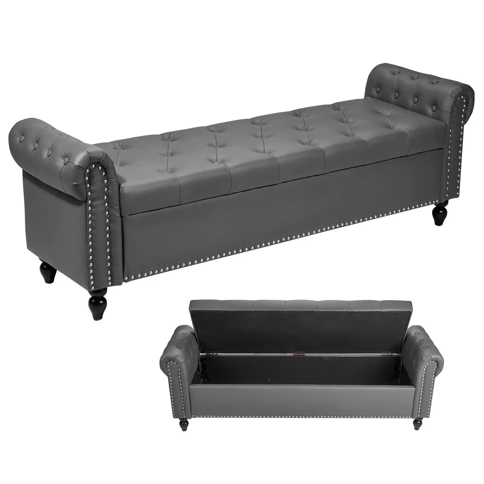 VEVOR Rectangular Leather Button-Tufted Storage Ottoman Bench, Rolled Arm, High-Density Sponge Cushion, Solid Wood Legs, 18x65.4x22 in, 48.1 lbs, Modern Entryway Shoe Seat & Living Room End-of-Bed Piece, Gray