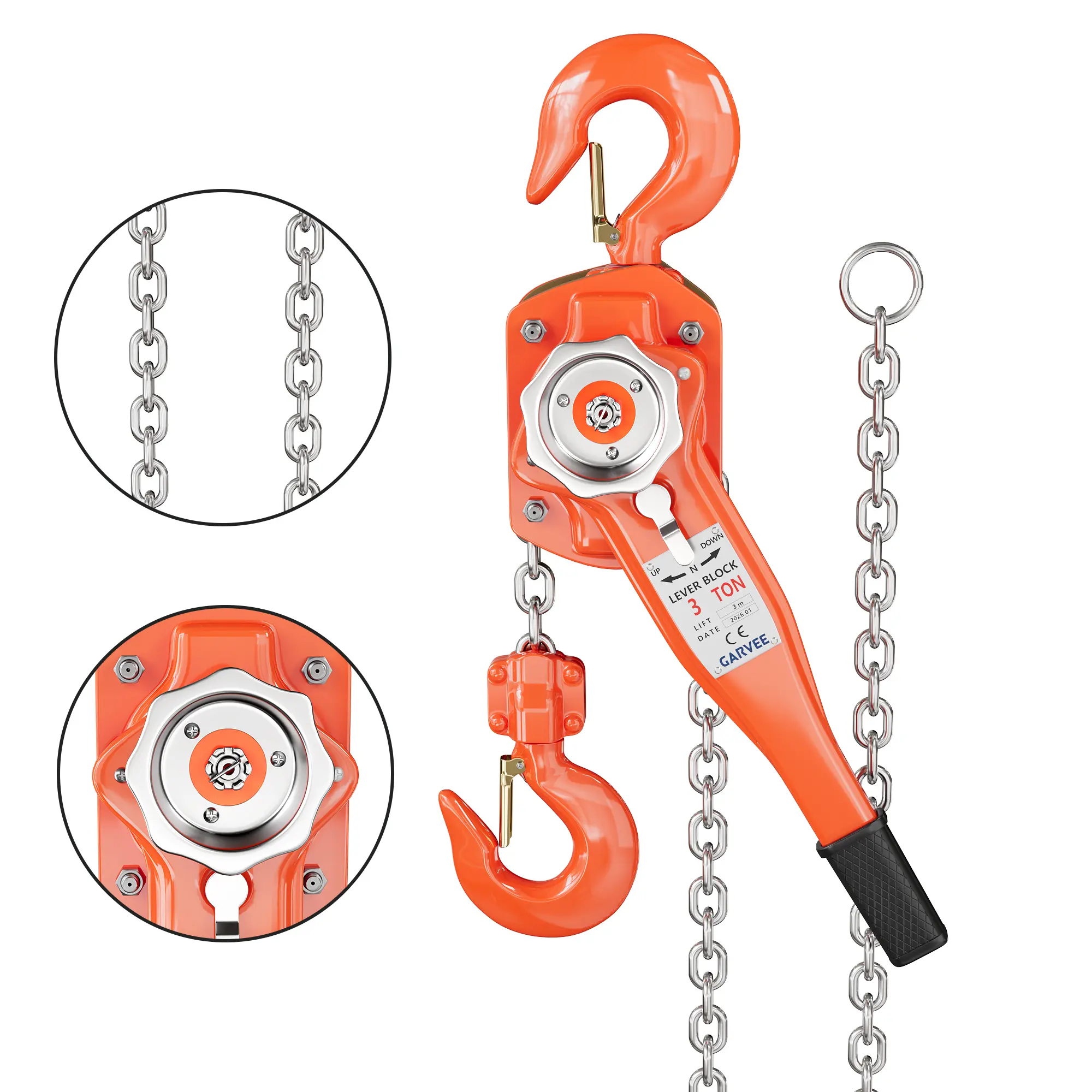 10FT 6600LBS Manual Lever Come Along Hoist, G80 Galvanized Chain Double Safety Brake 360° Swivel Hook Industrial Manual Lifting Tool, Docks, 3-Ton Capacity