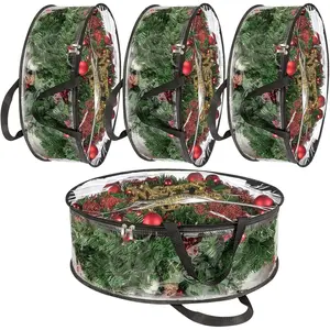 4 PCS Clear Wreath Storage Bag 24x8 Inch Christmas Wreath Storage Container Heavy Duty PVC Wreath Protector with Handle for Xmas Holiday Seasonal Wreath Garland Black