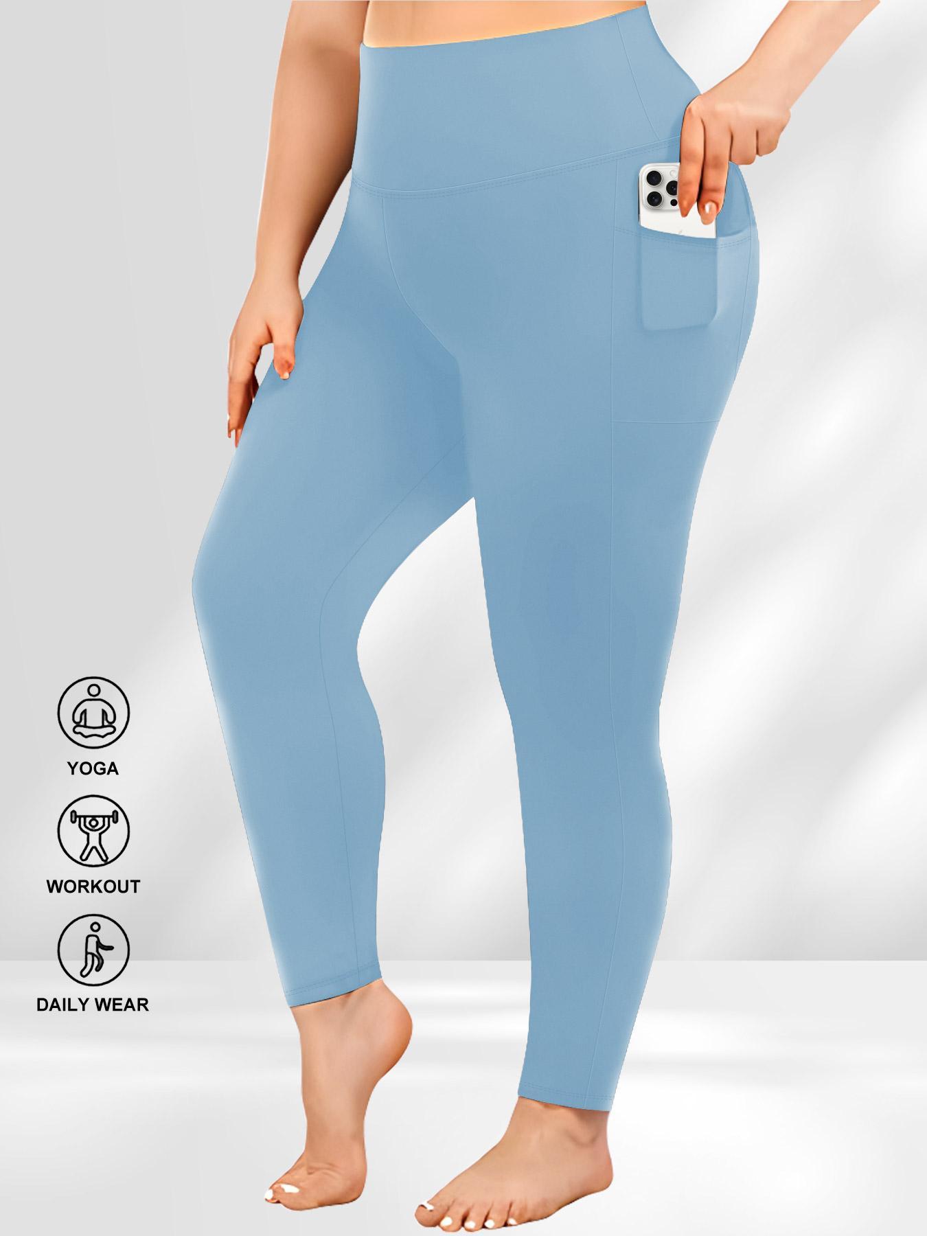 Plus Size Solid High Waist Sports Comfy Gym Workout Leggings with Pocket, Summer Outfits, Casual High Stretch Skinny Pants for Women, Soft Comfortable Women's Bottoms for All Seasons, Stretchy Workout Leggings