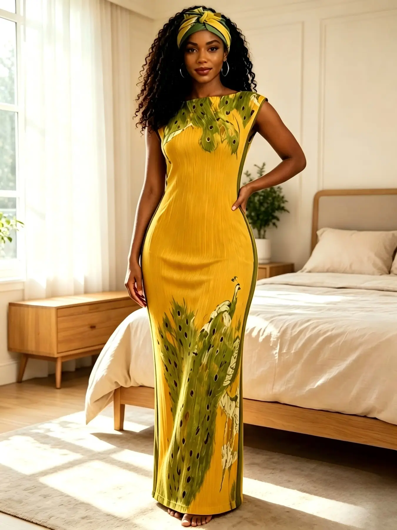 Plus Size Women's Two-Piece Set, Velvet Maxi Dress, Mustard Peacock Feather Print, Side Slit Robe with Headscarf, Elegant Home Wear, Outfit