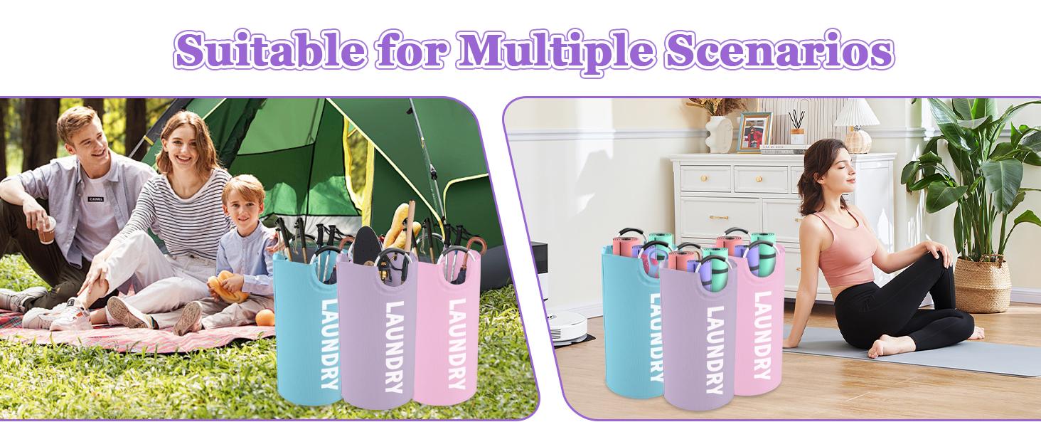 3PCS 95L Laundry Basket, Collapsible Clothes Hamper with Handle, 600D Cloth Laundry Bin, Stand-alone Dirty Clothes Hamper for Livingroom, Bedroom,, Pink+Blue+Purple