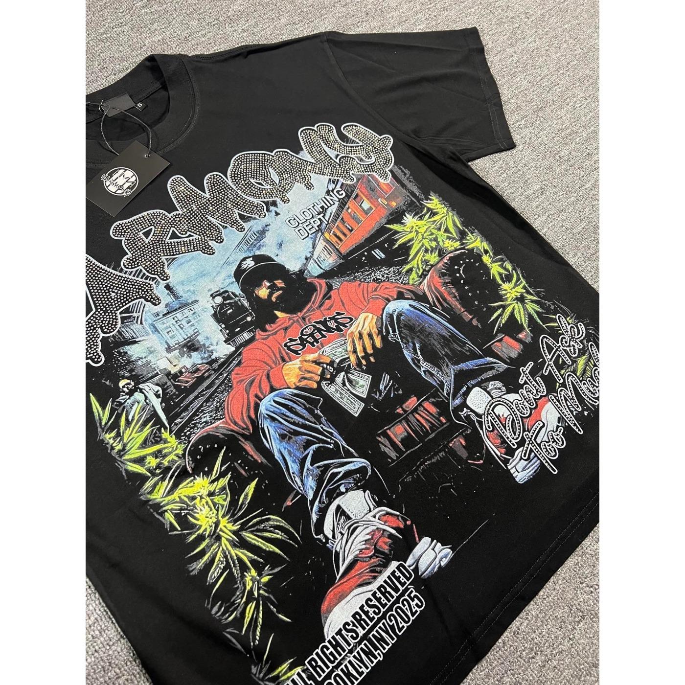 Y2K Vintage Washed Streetwear T-Shirt, Shiny Rhinestone Diamond Graphic, Crew Neck Cotton Oversized Short Sleeve Hip Hop Tee For Men