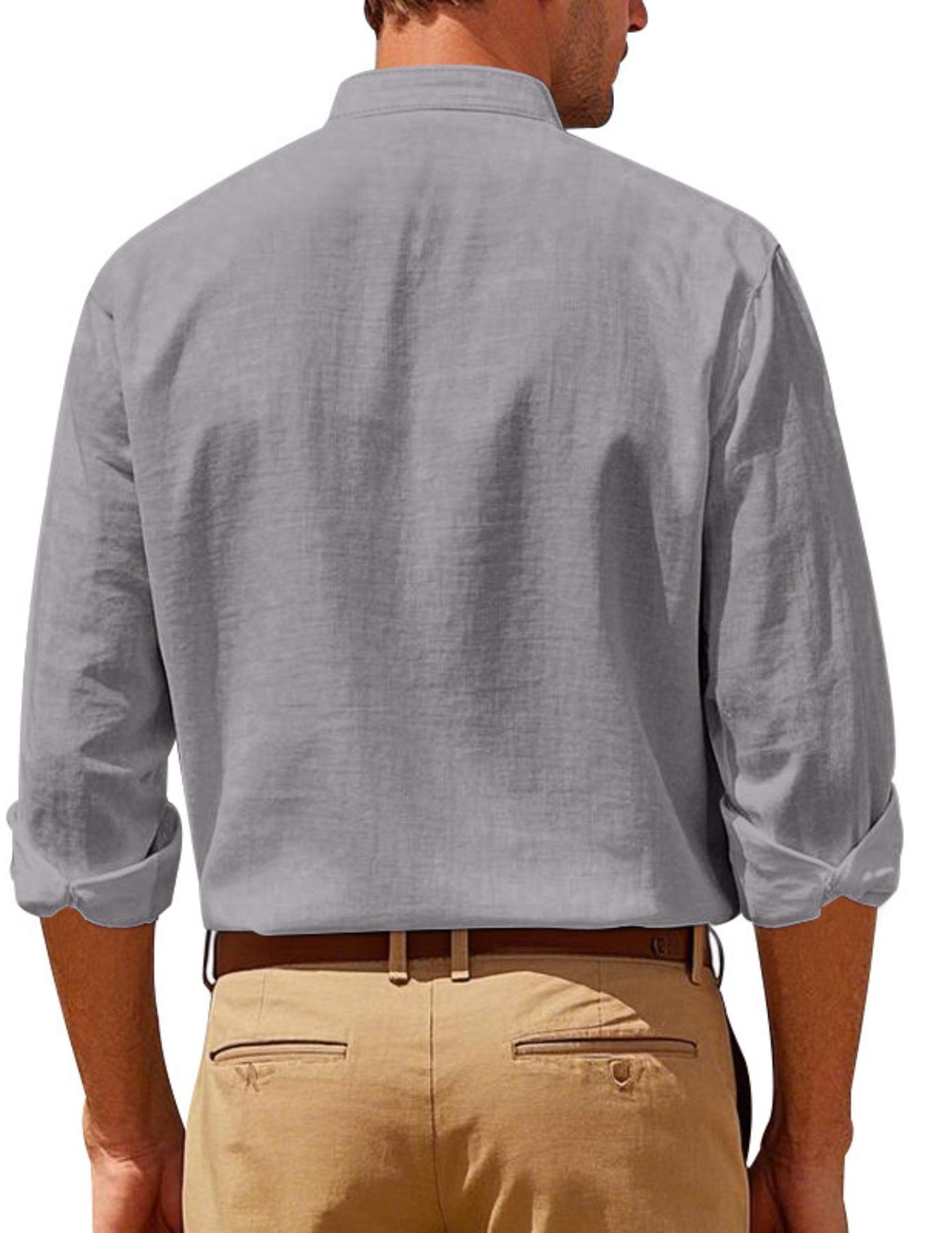 Men's Regular Fit Solid Color Linen Shirt, Casual Long Sleeve Collared Top for Daily Wear, Fashion Comfy Woven Top for Men, Button Up Top, Beige