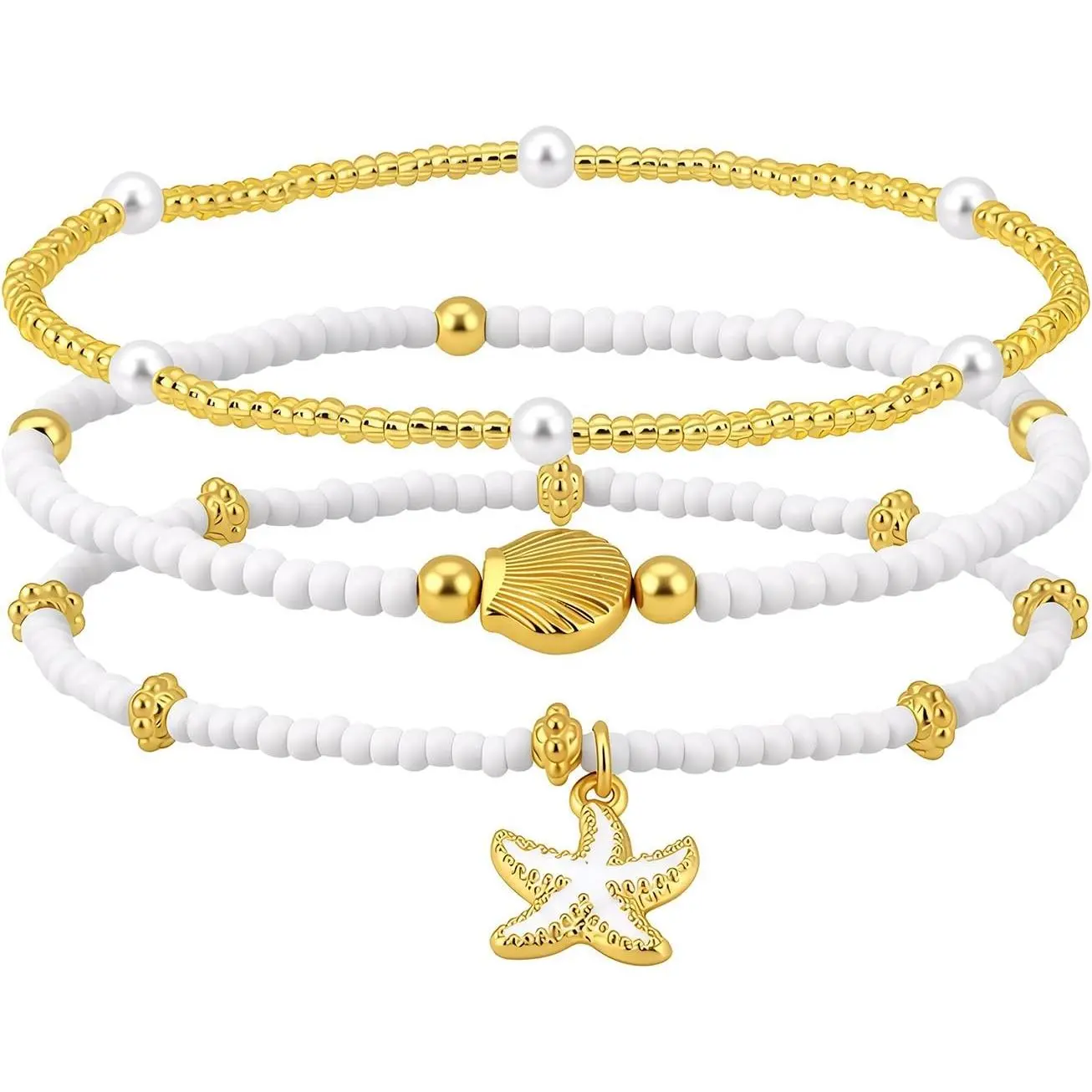 3 count Boho Shell Ankle Bracelet Shell Beaded Ankle Bracelets for Women