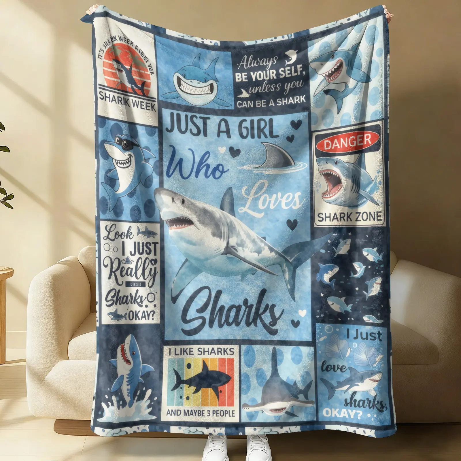 Q Version Cartoon Great White Shark Printed Flannel Blanket,  Creative Poster Collage Art, Lively Ocean Adventure Style,Warm Comfortable Skin-Friendly Extra Soft, Nap & Aircon Blanket, Boys Home Decor Gift