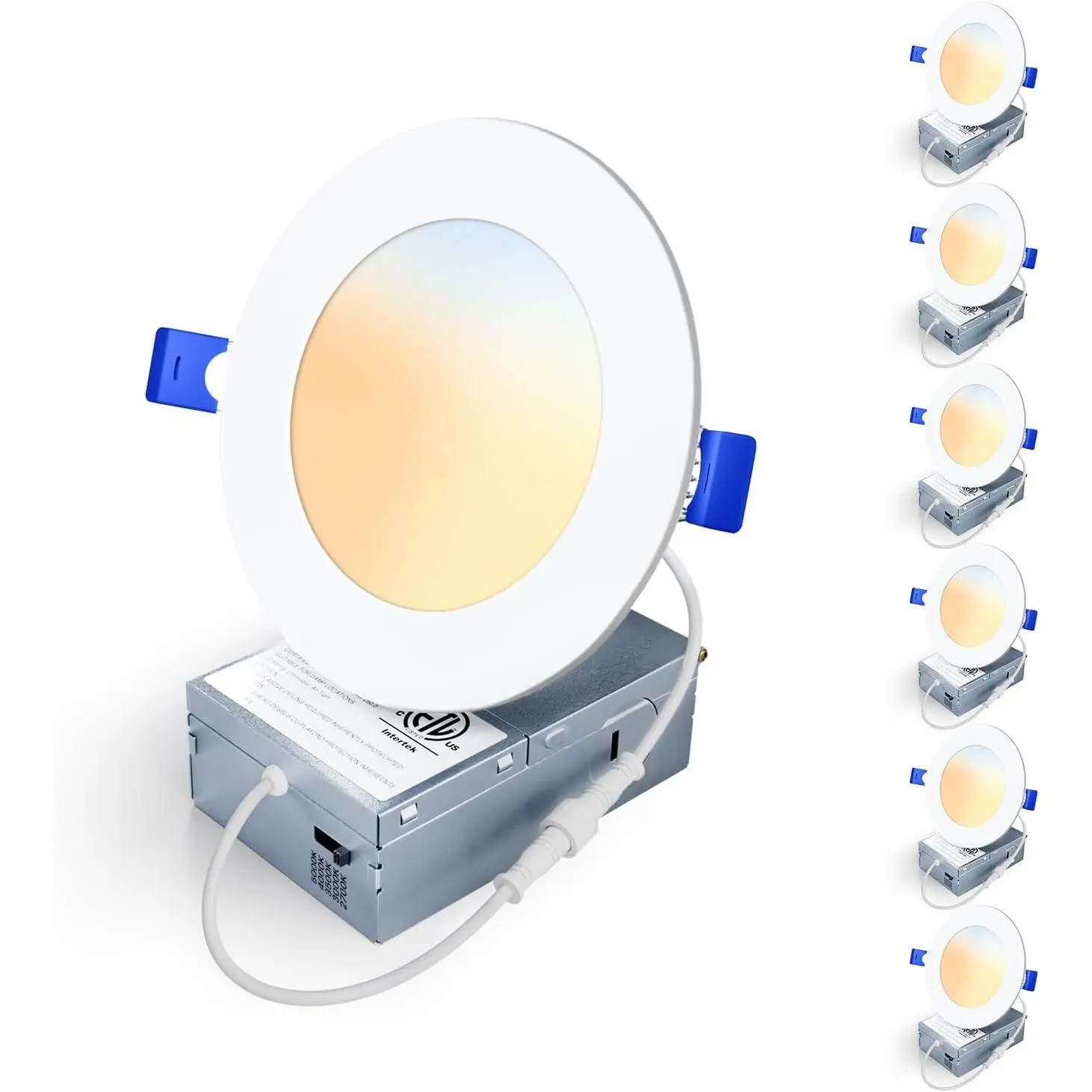 6 Pack 4 Inch 5CCT LED Recessed Light, Silm Canless Recessed Lighting, Dimmable, Damp Rated, 2700K-5000K Selectable, Wafer Ceiling Downlight with Junction Box, 750LM, 9W 120V, ETL&FCC