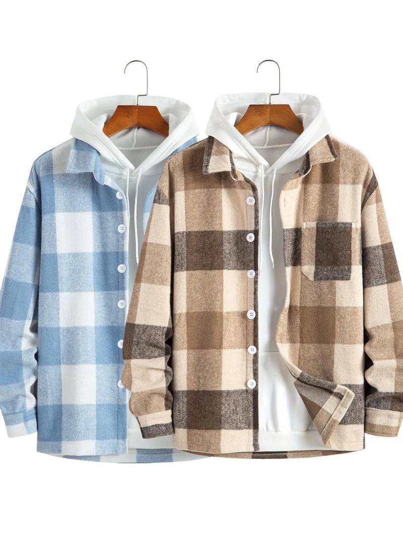 Men's Plaid Print Button Front Jacket without Hoodie, Loose Casual Drop Shoulder Long Sleeve Collared Outerwear for Fall & Winter, Men's Clothes for Daily Wear