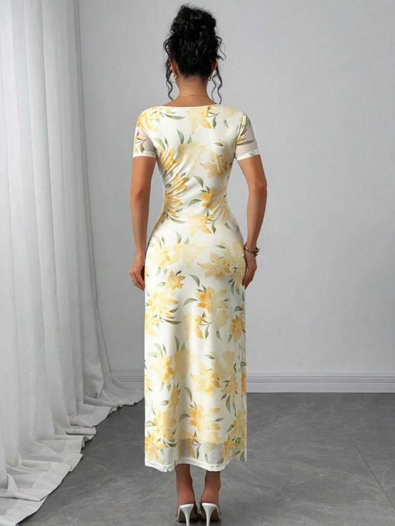 Women's Floral Print Dress, Elegant Dresses, Chic Elegant Aesthetic Short Sleeve Dress for Party Holiday Wedding Guest, Ladies Clothes for Summer, Womenswear