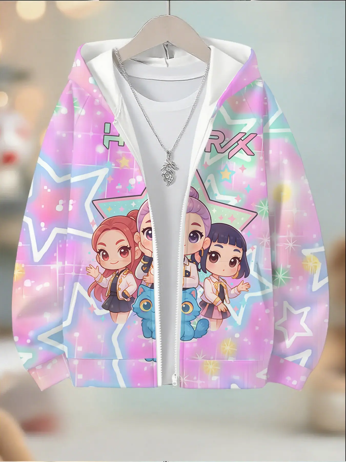 Girls' Spring Fall Zip-Up Hoodie Jacket, Full Print Long Sleeve Hooded Sweatshirt, Perfect for Christmas Halloween Birthday Gifts, Graphic Hoodie Sweatshirt
