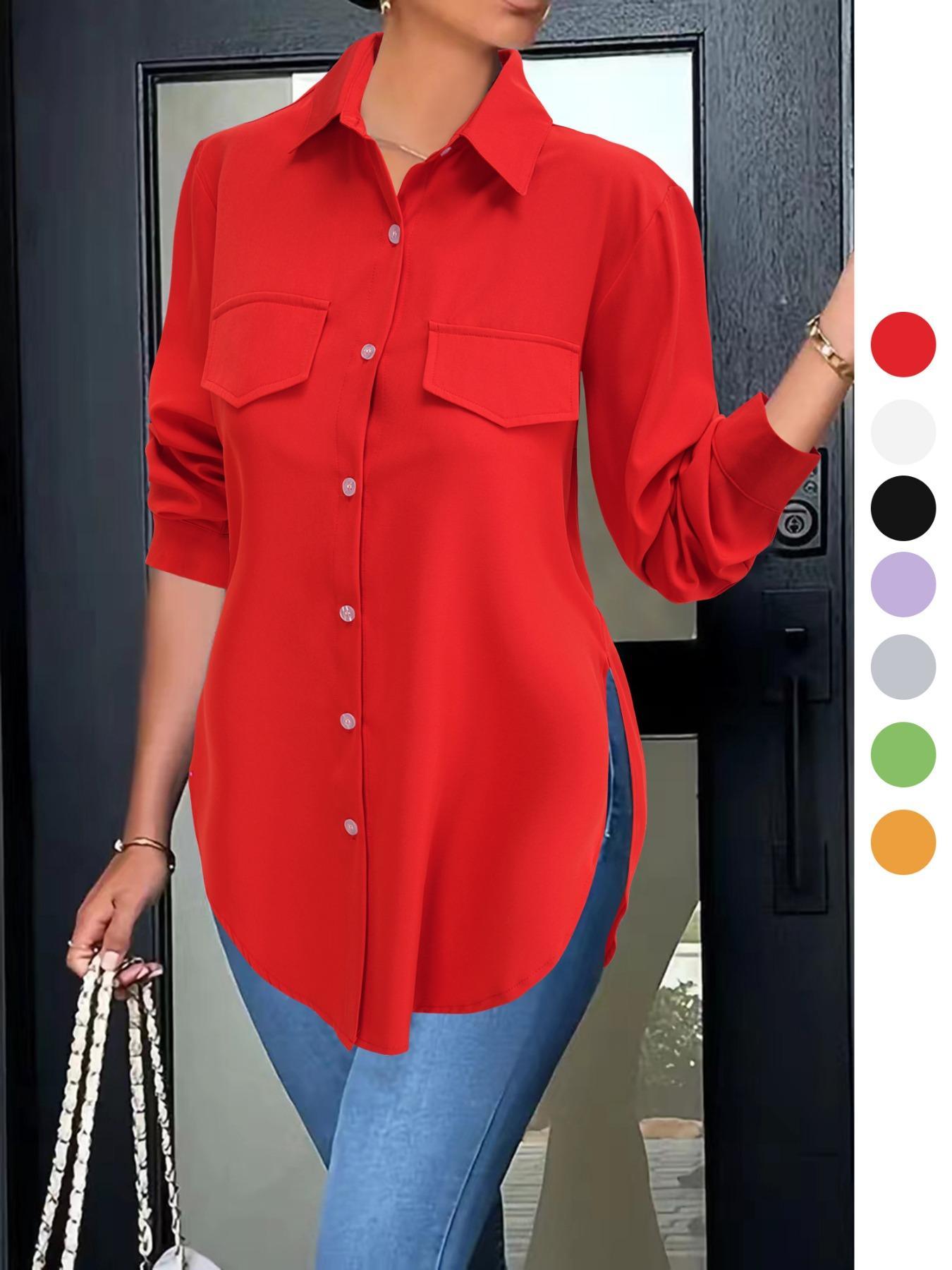 Women's Plain Button Front Split Hem Shirt Blouse, Casual Long Sleeve Collared Top for Spring & Fall, Summer Outfits 2024, Women's Clothing for Daily Wear