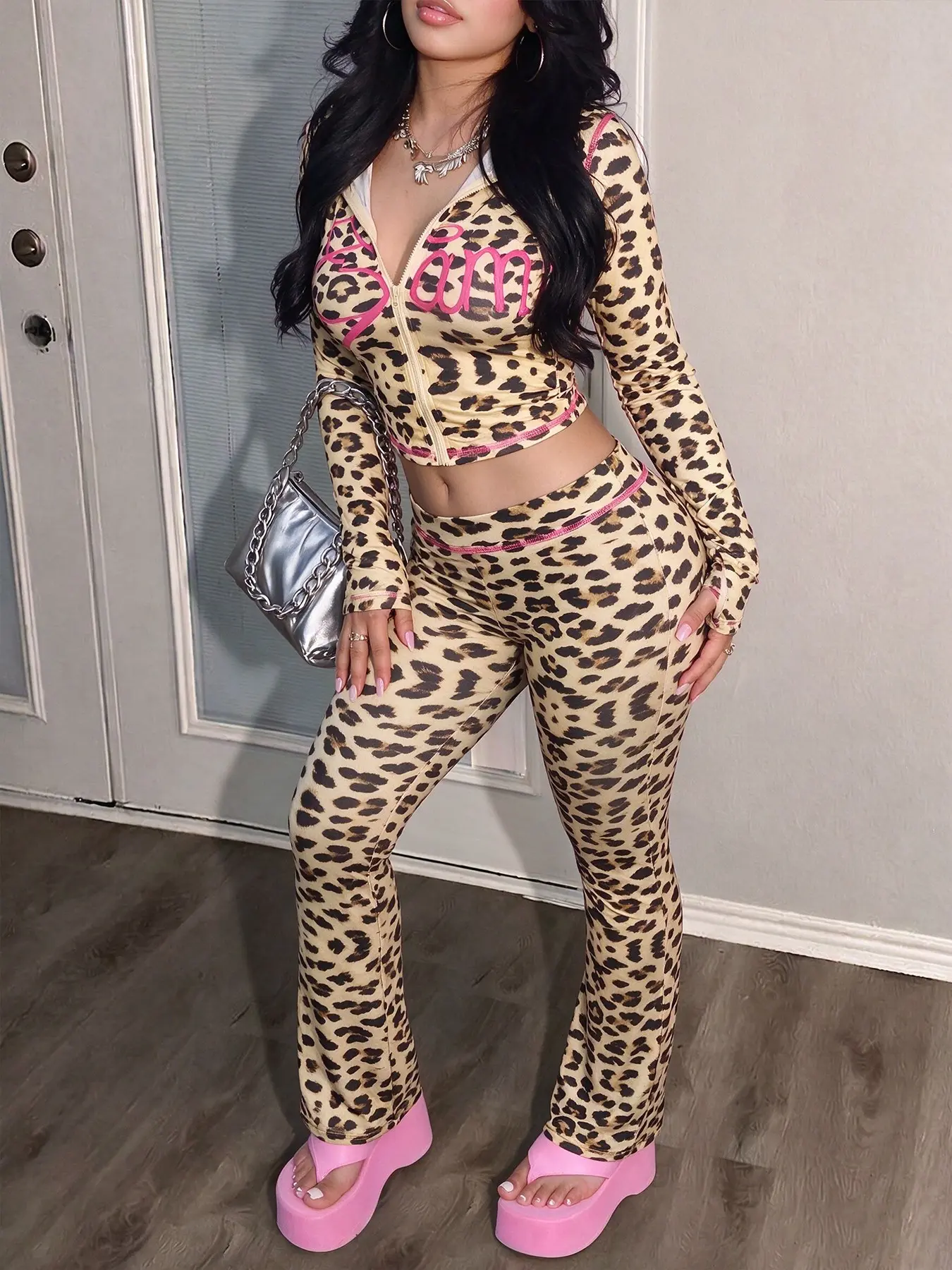 Ladies' sexy hot hoodie long-sleeve letter leopard print zipper jacket and flare pants set, made of stretchy soft fabric, perfect for street casual daily wear at home, curve-hugging design enhances overall look #LeopardHoodieSet