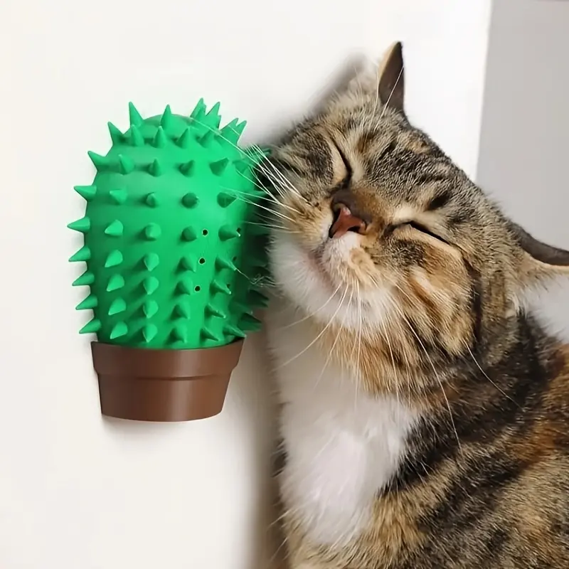 Wall-Mounted Cat Scratcher & Massager Suitable for Indoor Cats - Self-Grooming Tool with Plastic Brush & Cactus, Space-Saving Face Rubbing Brush for Hair Removal, Claw Maintenance for Furniture, Cat Groomer