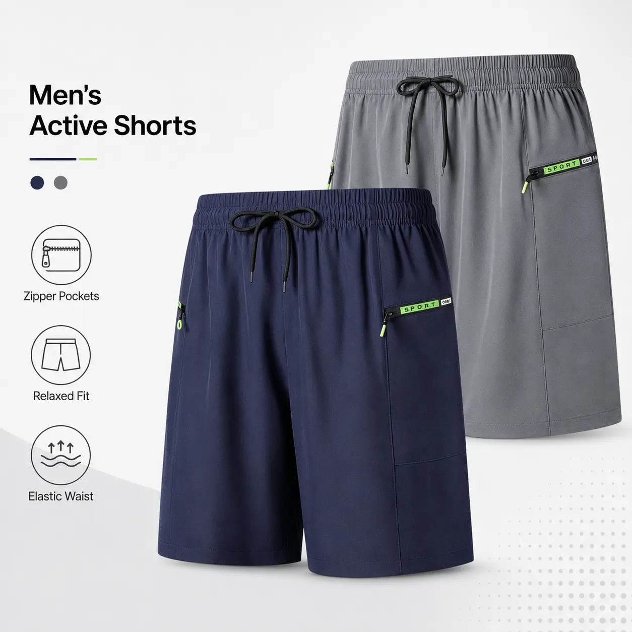 Men Quick Dry Sports Shorts Elastic Drawstring Waist Zipper Pockets Lightweight Running Gym Casual Knee Length Shorts