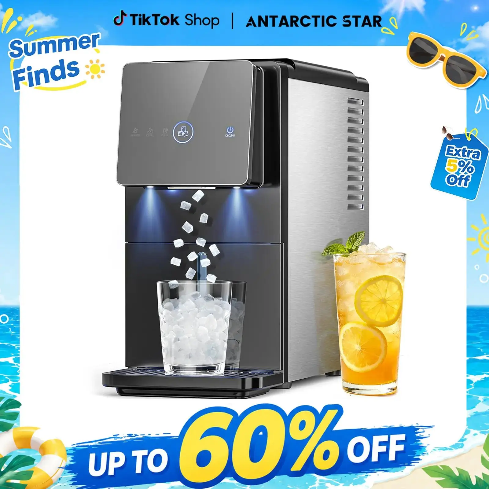 Antarctic Star Countertop Nugget Ice Maker, Self-Cleaning Portable Ice Machine, 33 lb/24H, 1.8L Water Tank, 1.5 lb Ice Storage, Touch Screen & Auto Ice Drop, for Home/Office/Kitchen