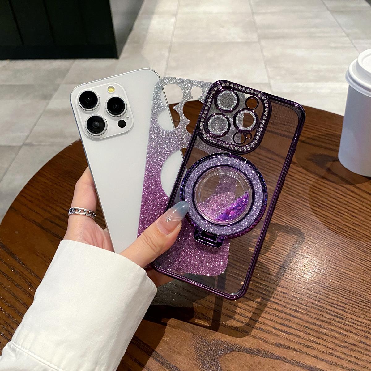 OREKROY Glitter Kickstand Case for iPhone 16 15 Pro Max 16 Plus 15/14/13/12, Luxury Bling Sparkly Diamond Rhinestones with Camera Protector Liquid Flowing Ring Stand TPU Bumper Women Girls Case Gift