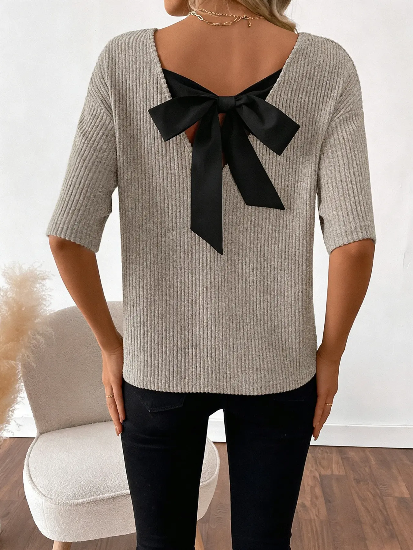 Women's Ribbed Knit Top, V Neck, Half Sleeve, Back Bow Tie Detail, Daily Casual Office Wear, Soft Stretchy Breathable, Minimalist Casual Chic Style
