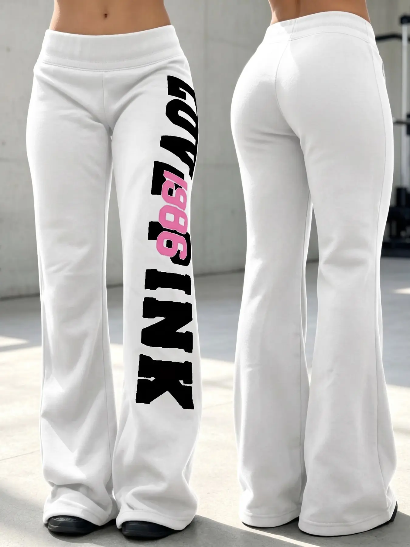 Women's White Wide Waistband Letter Graphic Flare Sweatpants, Mid Rise Stretchy Bootcut Casual Trousers, Y2K Retro Streetwear Bottoms, Soft Comfy Pants for Daily Outing Fitness Walking Shopping Vacation Street Casual Outfits, Trendy Versatile Women Fashio