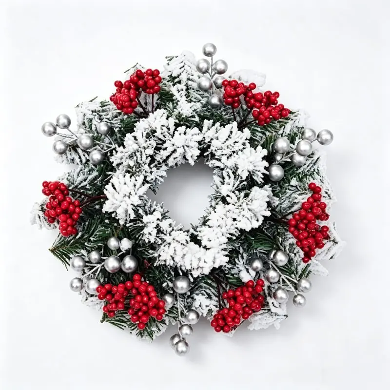 Christmas Velvet Pine Branch Wreath, Berries Silver Color Balls Decorative Wreath, Winter Snow Scene Door Fireplace New Year Festival Decoration