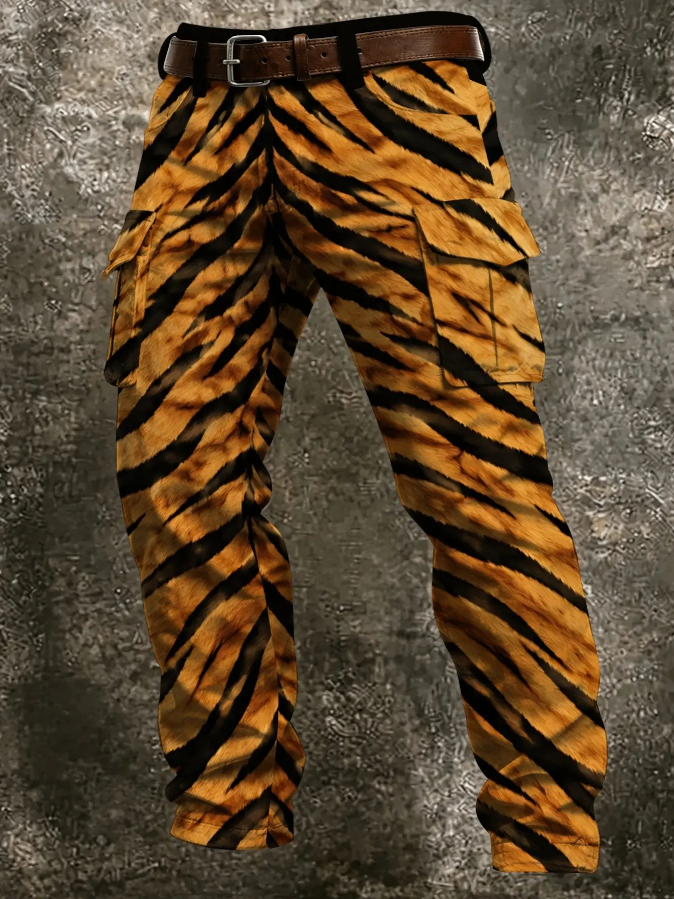 Men's Realistic Tiger Print Digital Print Work Pants, Men's Wild Animal Print Multi-Pocket Straight-Leg Trendy Casual Pants