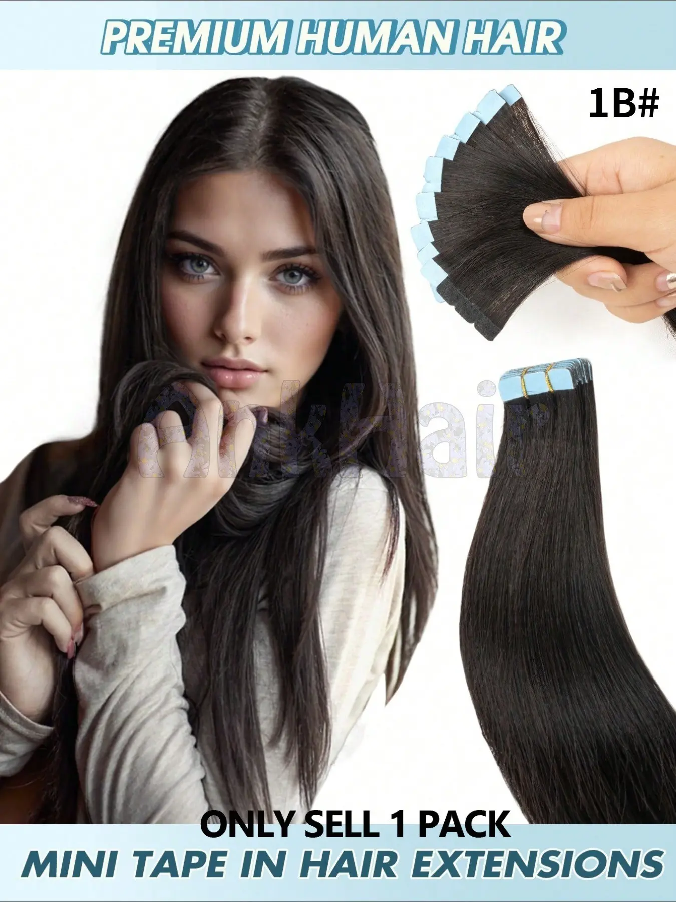 10 Pcs Mini Tape in Hair Extensions, Human Hair Color 1b Nature, 14-20 Inch Remy, Double Side Invisible Seamless