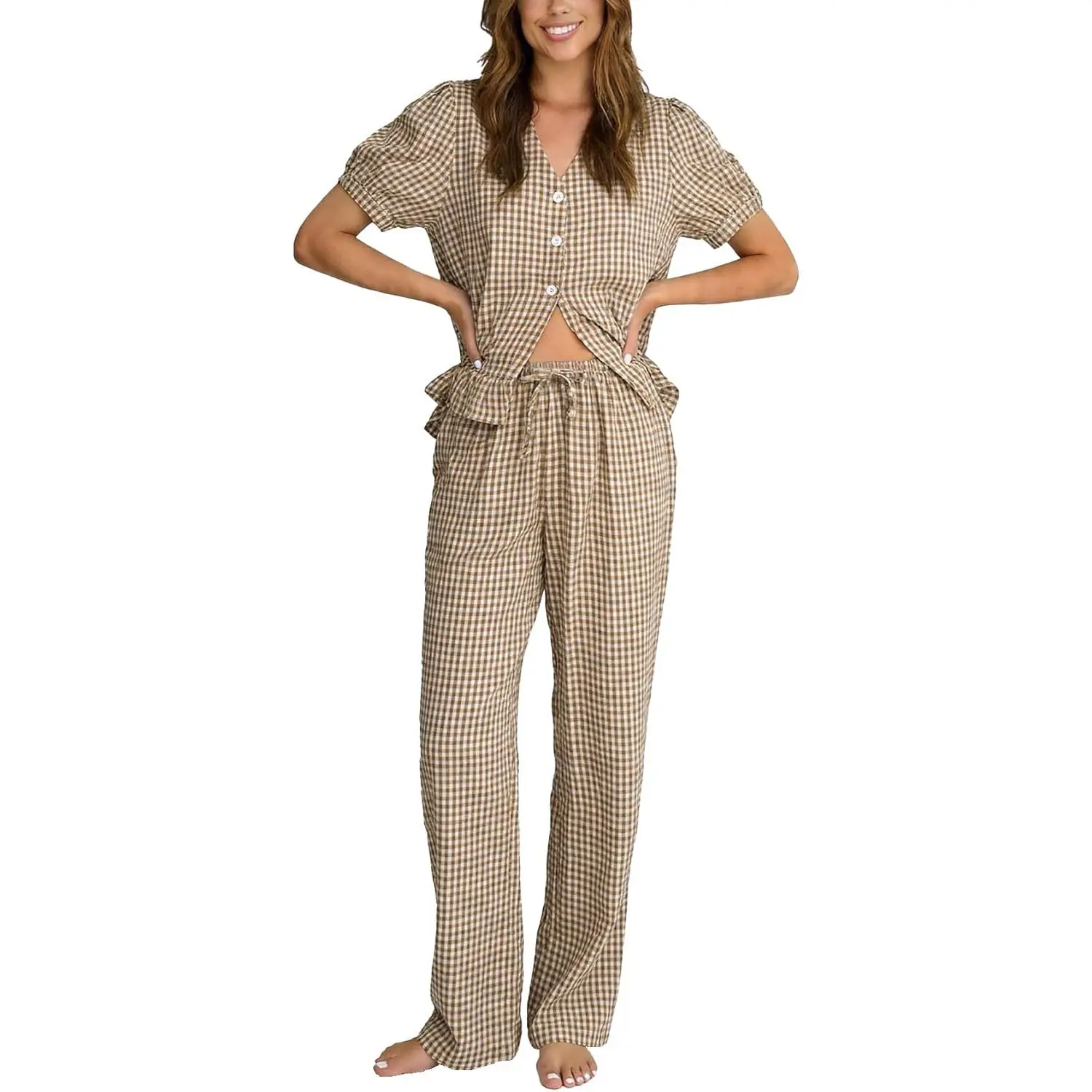 Womens Plaid 2 Piece Pajamas Sets Cotton Gingham Short Sleeve Button Down Ruffled Shirt and Pants Pjs Lounge Sets