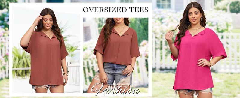 Imily Bela Womens Plus Size Tops Short Sleeve V Neck Tee Blouse Summer Loose Fit Casual Tunic Top XL-5XL