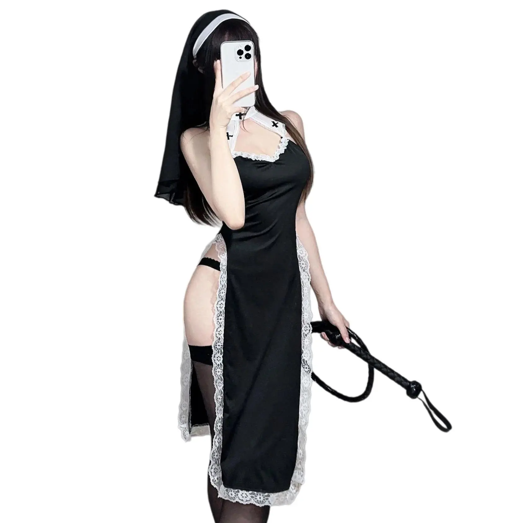 Women's Plus Size Nun Costume Lingerie Set - Classic Black and White Role-Playing Costumes with Hollow-Out Bodice, Long Slit, Lady, Bodice Cutout, Split