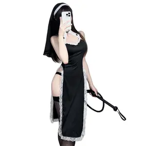 Women's Plus Size Nun Costume Lingerie Set, Classic Black and White Role-playing Outfit with a Hollow-Out Bodice and Long Slit, Costumes