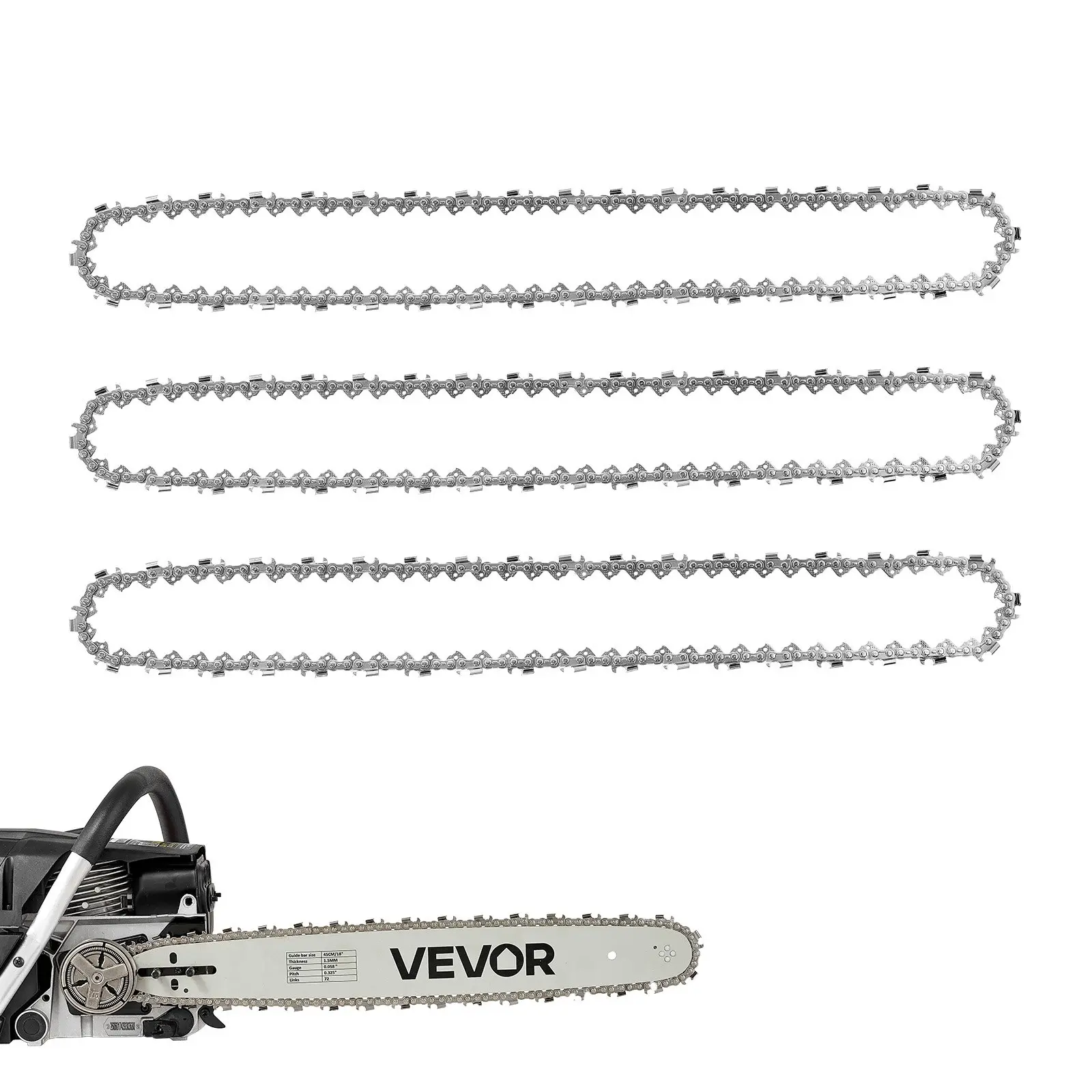 VEVOR 3-Pack 18-in Chainsaw Chains, 0.325"-Pitch, 0.058"-Gauge, 72 Drive Links, Forged Steel, Staggered Sharp Cutters, Wear-Resistant Tie Straps, Compatible with VEVOR CN-52G Gas Chainsaws, for Branch Trimming