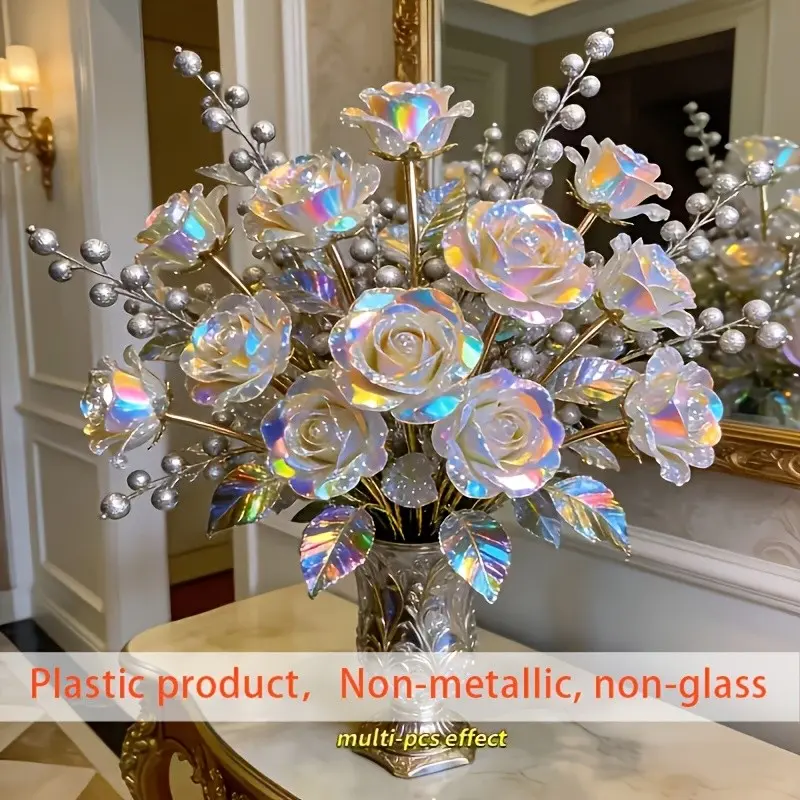 11pcs Dazzling Crystal Rose Berry Set, Including 7 Dreamy Crystal Roses and 4 Silvery Berries. These Lifelike Artificial Flowers Are Perfect for Home Decor, Flower Decorations. Ideal for Both Indoor and Outdoor Landscaping
