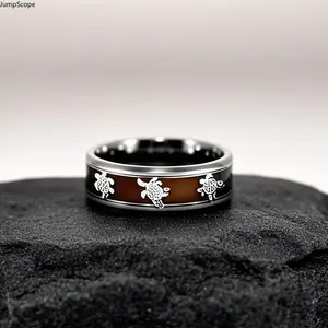 Beveled Silver Sea Turtle Wood Inlay Band Ring, Titanium Steel Hawaiian Honu Ocean Symbol Comfort Fit Unisex Wedding & Beach Daily Wear Ring