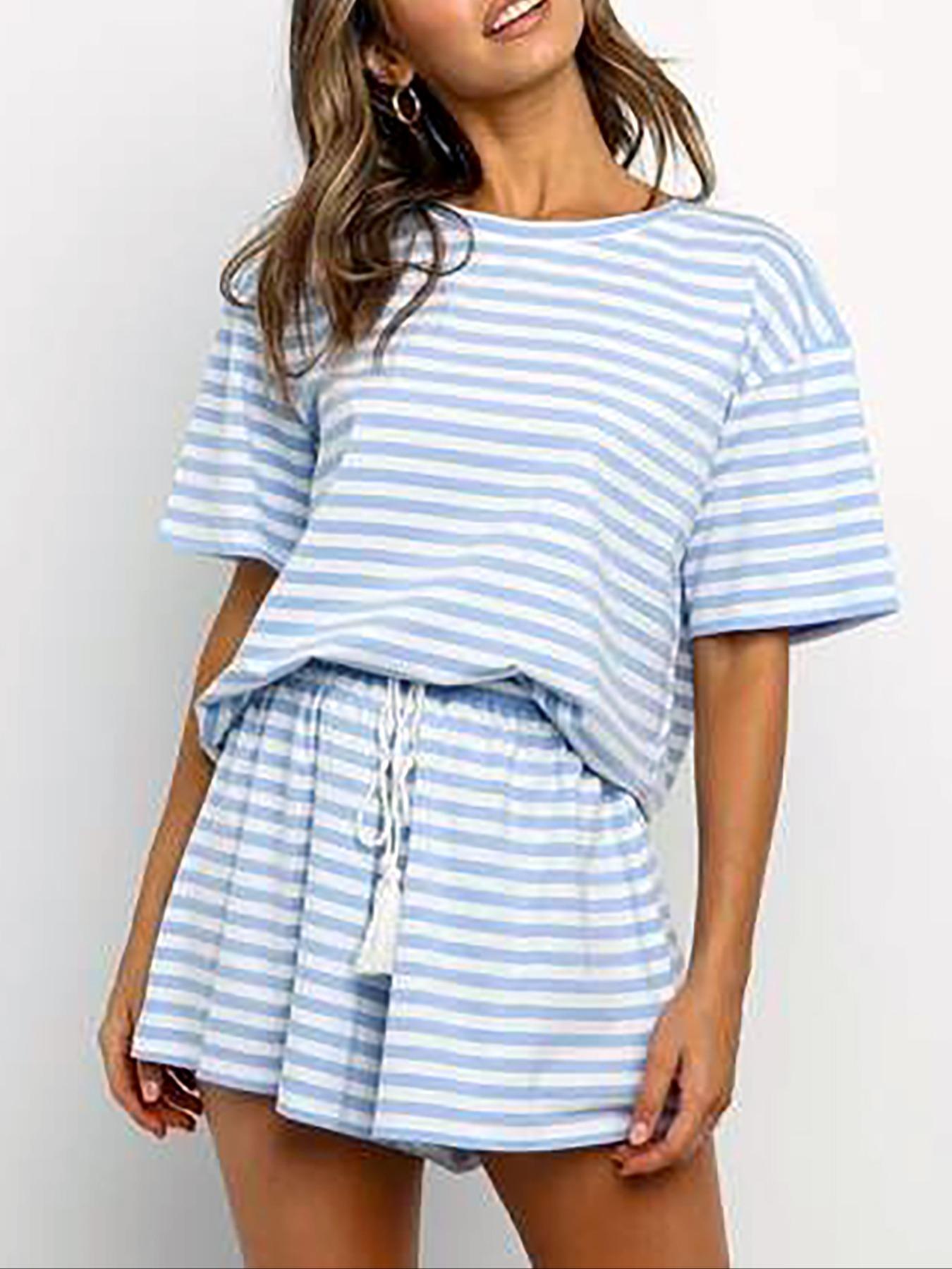Women's Striped Print Top & Shorts Relaxed Fit Loungewear Two-piece Set, Casual Round Neck Short Sleeve Top & Drawstring Waist Shorts Pj Set, Ladies Summer Sleepwear, Striped Print Bottoms, Pastel Cute Pajamas, Pastel Pj Set