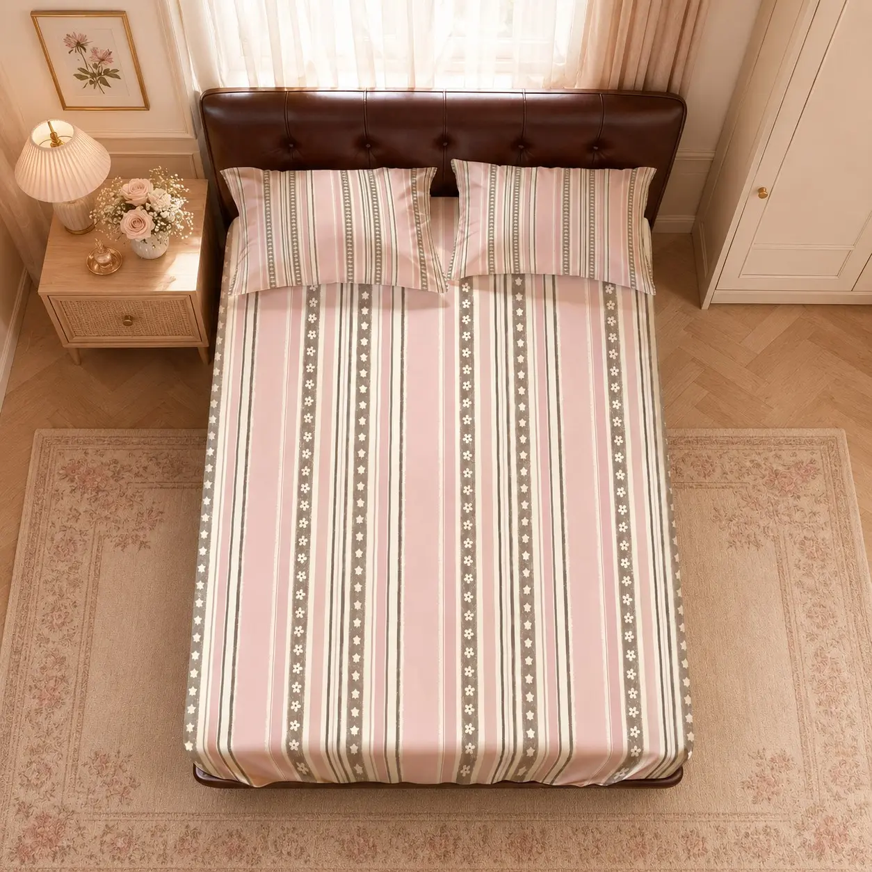 3PCS Fitted Sheet Set Vintage Boho Stripe Celestial Coastal Style, Soft Comfortable Polyester Bedding, No Pillow Inserts, 1 Striped Fitted Sheet + 2 Pillowcases, for Bedroom Dorm Guest Room, Gift for Birthday, Housewarming, Couples, Friends & Family