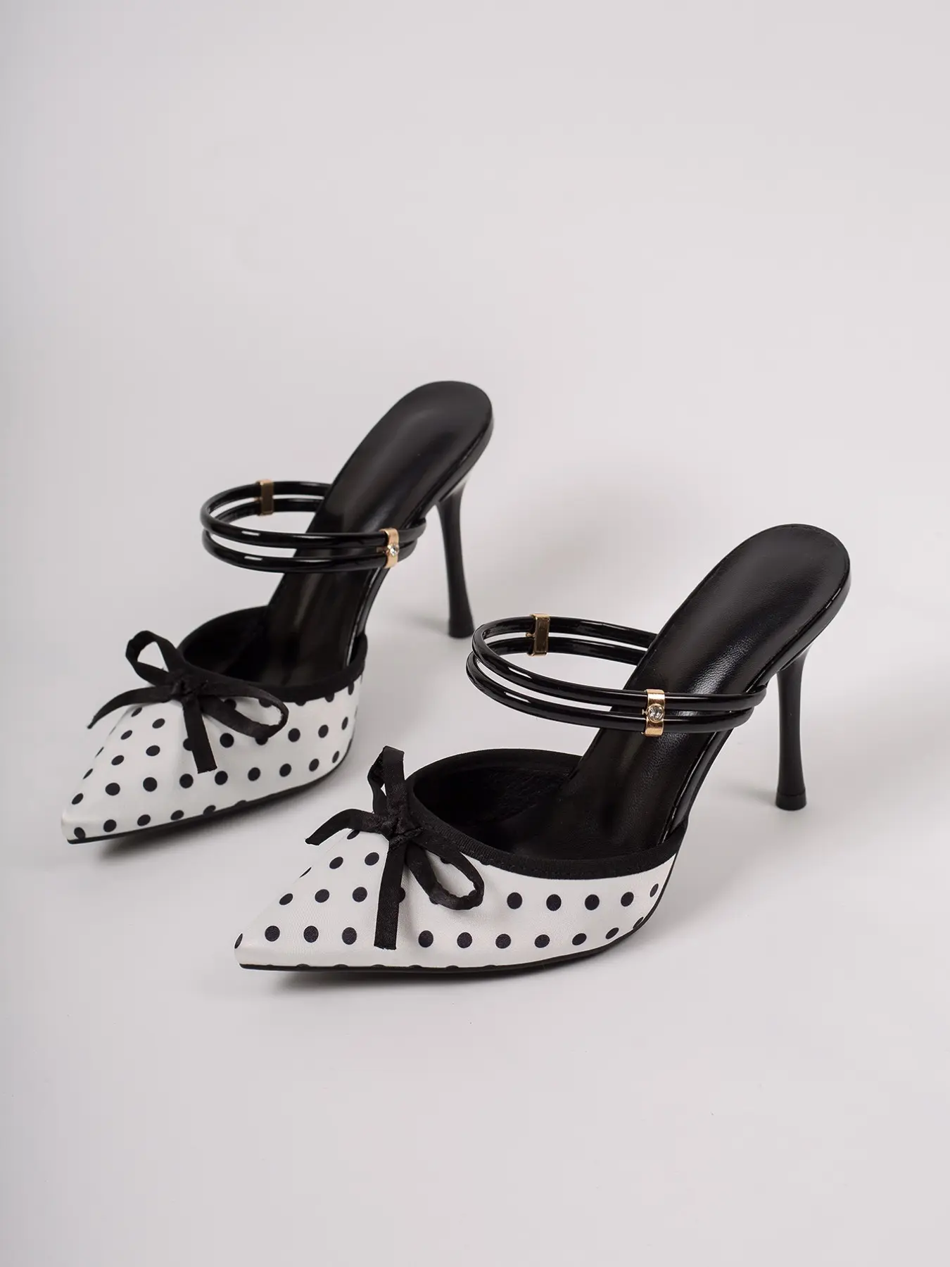 Polka Dot Bowknot Pointed Toe Stiletto Sandals, Elegant PU Leather High Heel Mules, Sexy Party Shoes for Women