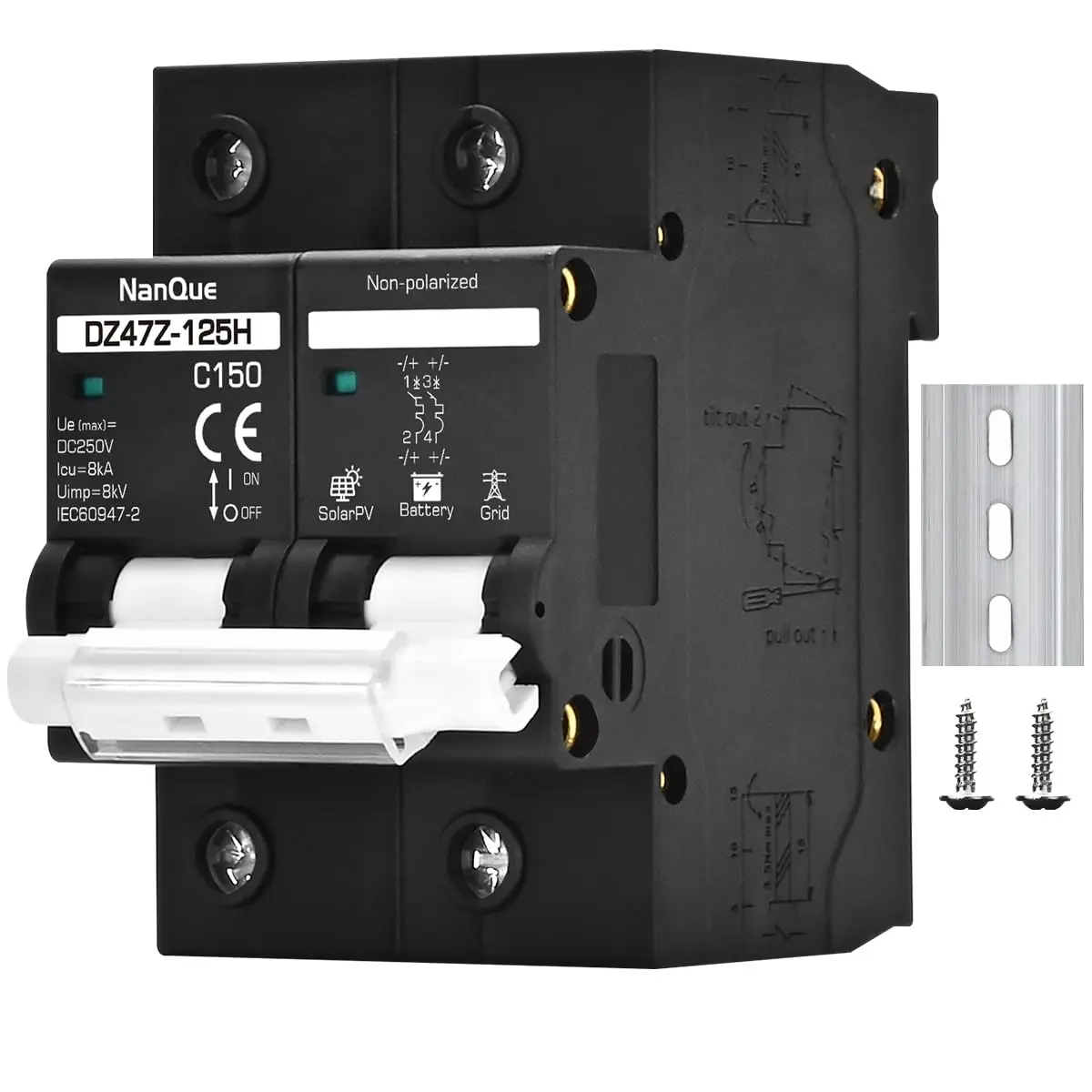 2-Pole Thermomagnetic DC Circuit Breaker, 36V-250V 150A Large Current Short Circuit Overload Protector, Din Rail Mount Black Solar Panel Battery Switch, Overload Protection
