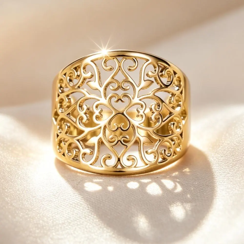 Vintage Filigree Wide Band Statement Ring, Hollow Floral Pattern Openwork Finger Ring, Bohemian Style Ring for Women Valentine Christmas Daily Wear Party Gift