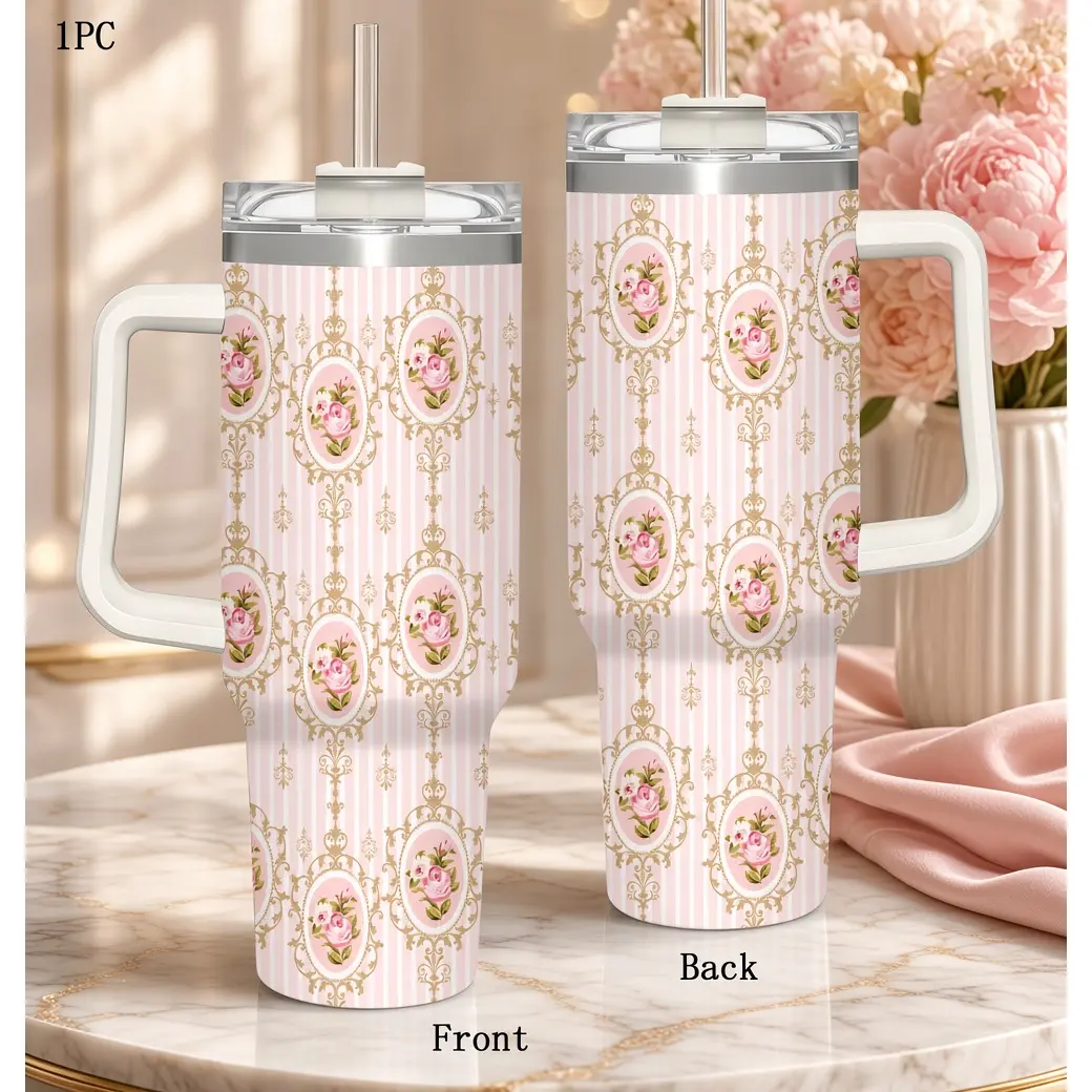 Vintage Pink Rose Tumbler with Handle, Gold Baroque Frame Design Cup, Floral Travel Mug, Romantic Gift for Her, Aesthetic Water Bottle, 20oz 40oz Stainless Steel Tumbler