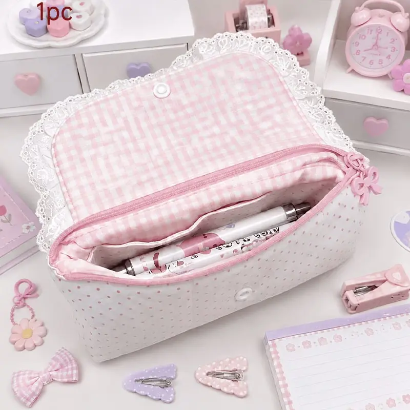 Plaid Lace Storage Bag, Compact Multi-Functional Storage Organiser with Flip Cover, Ideal for Coins, Cards, Notes, Pens, School, Office, Travel