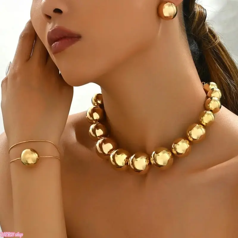 [SummerWins]Women's Geometric Gold-Colored Jewelry Set (Necklace, Bracelet, Earrings) - Round Ball Gold Hoops, Lightweight Hypoallergenic Minimalist Modern Accessory, Ideal for Daily Wear & Party, Gold-Colored Jewelry Sets, Set Jewelry Sets