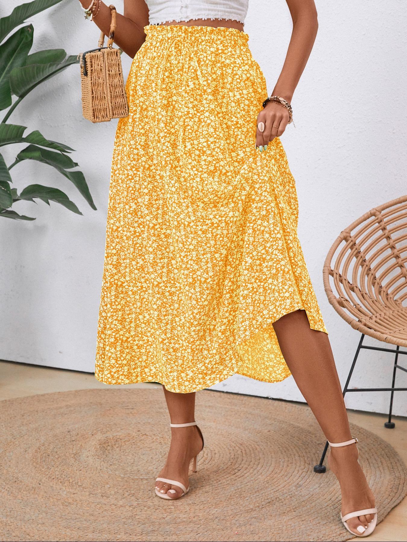 Women's Plain / Ditsy Floral Print Paper Bag Waist A Line Skirt, Boho Pocket High Waist Midi Skirt for Beach Vacation Holiday, Ladies Bottoms for All Seasons