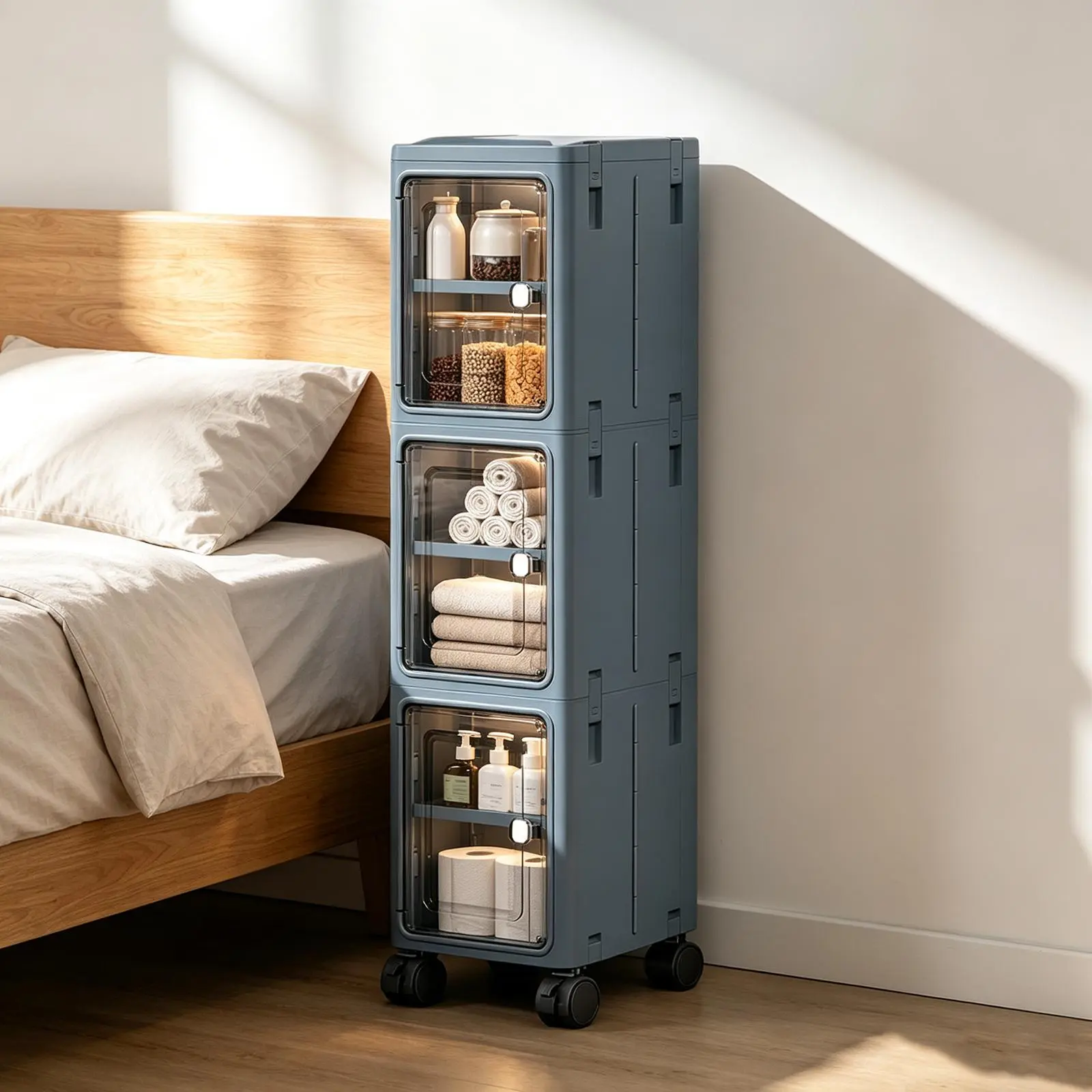 Nifogo 3-Tier Tall Narrow Storage Cabinet, Plastic Slim Storage Organizer with Doors and Adjustable Shelves, Wheels, Stackable & Collapsible Storage Cabinet for Small Spaces, Bathroom, Kitchen Cupboard, bathroom organizer,dealsforyoudays,#SummerWins