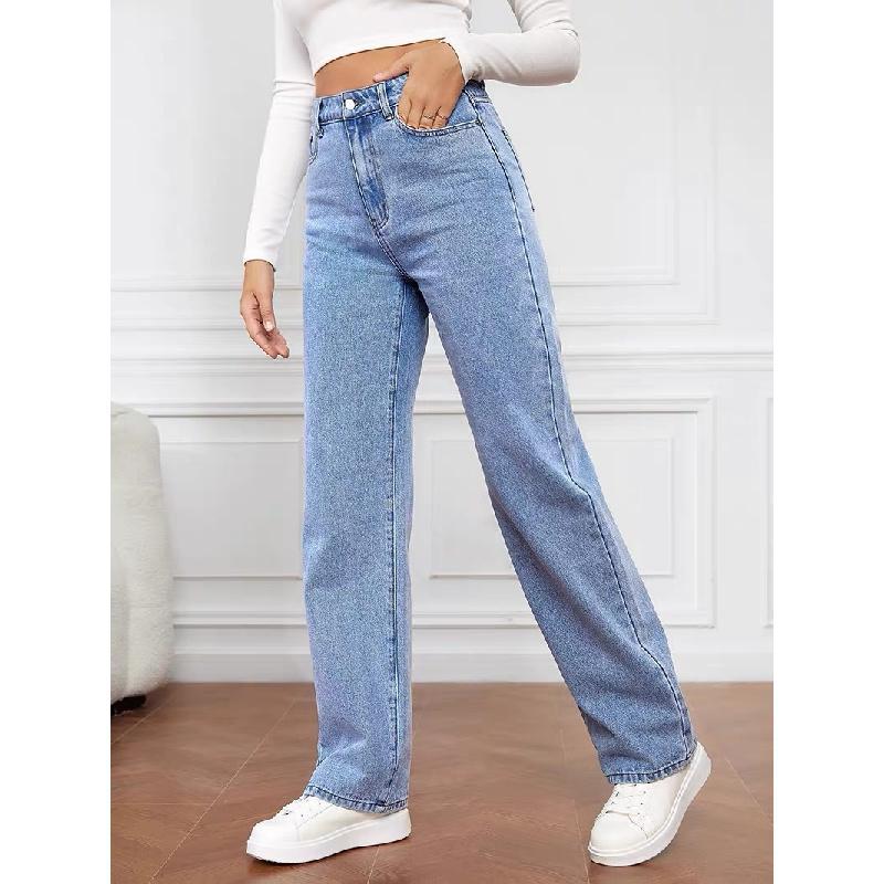 2025 High Rise Jeans for Women Wide Leg Stretchy Pants Straight Leg Loose Denim Tummy Control Trousers with Pockets Stretch Tights Waist