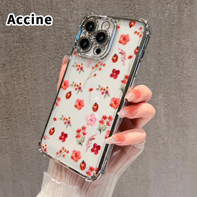 Floral Ladybug Symphony Pattern Four Corner Anti-Fall Phone Case Transparent Electroplated Protective Cover for iPhone 16 Pro Max 15 Plus 14 13 12 11 E