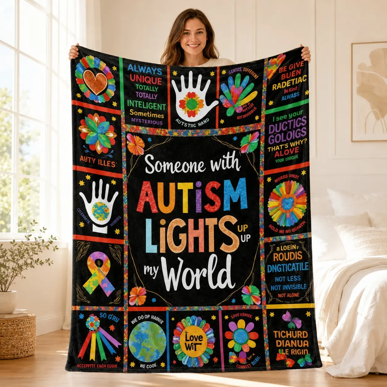 1pc Black Background Autism Awareness Puzzle Ribbon Grid Collage Charity Fleece Blanket, central slogan Someone with Autism Lights Up My World, full print rainbow puzzle ribbons, colorful handprints, heart flowers and inclusive inspirational quotes, warm