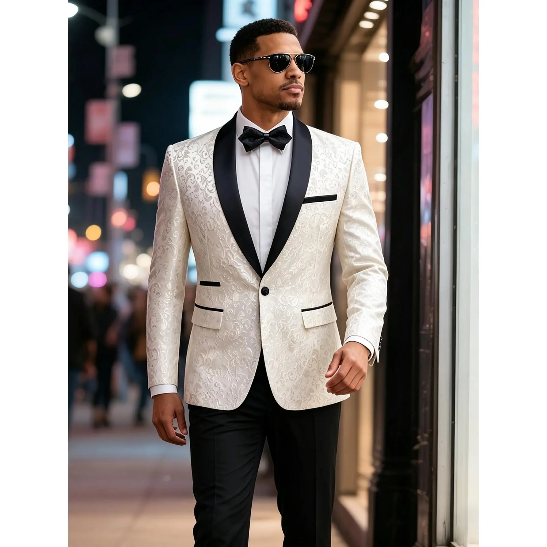 Men’s Floral Jacquard Tuxedo Suit 2 Piece Set, Shawl Lapel One Button Blazer Jacket with Black Dress Pants for Wedding Prom Groom Party Dinner Formal Events