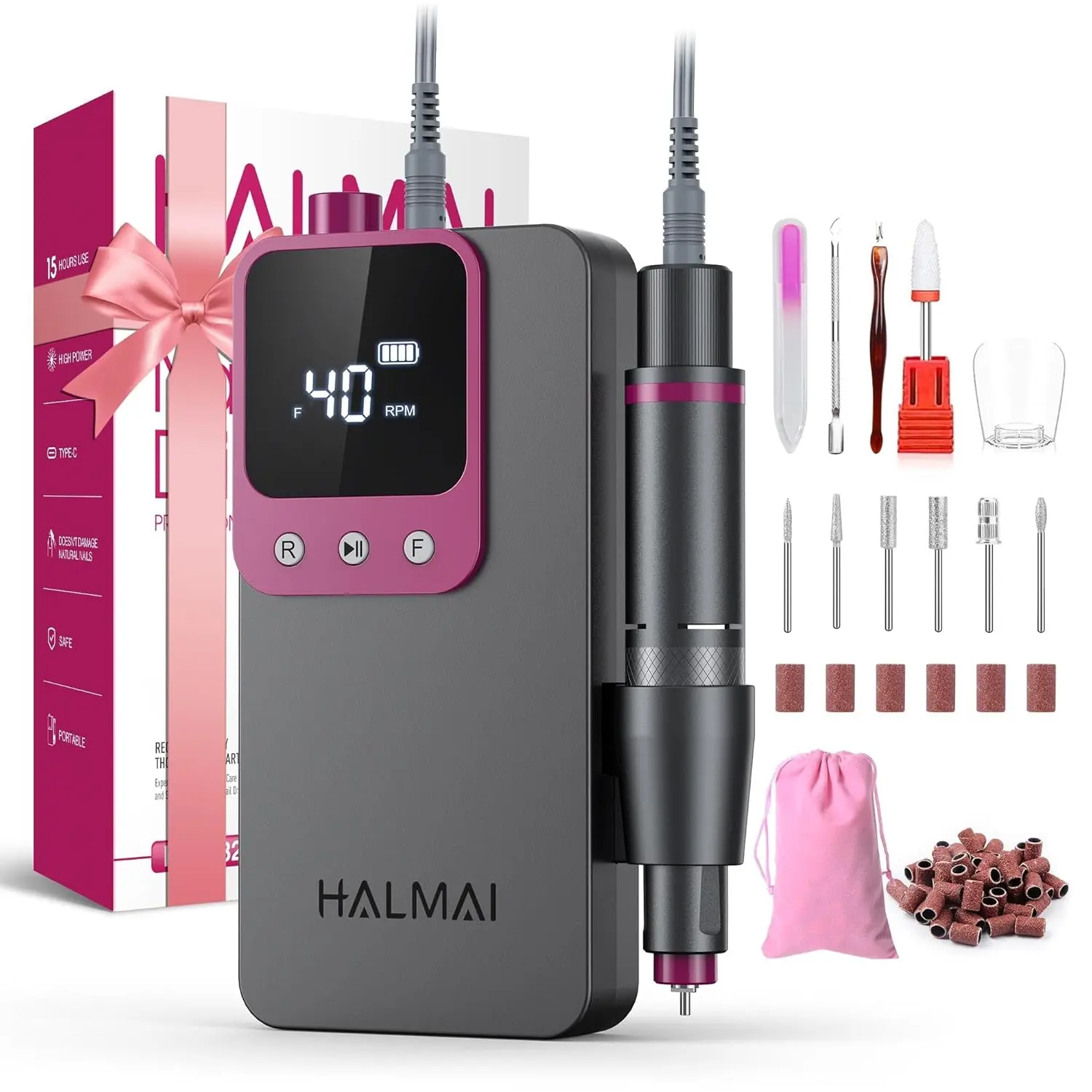 40000RPM Electric Nail Drill Machine - Dark Grey Salon E-File Kit with Acrylic Gel Nail File for Manicure & Pedicure
