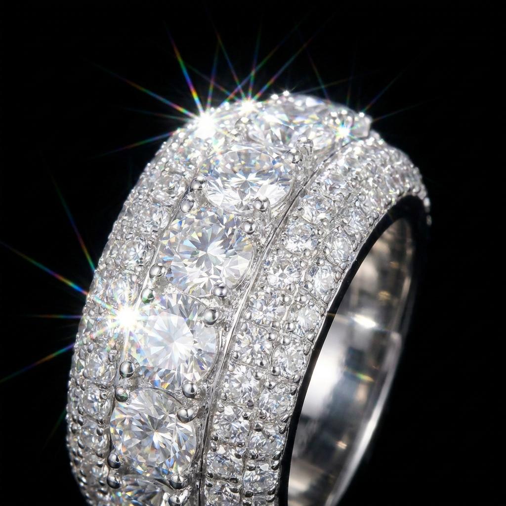 Moissanite Ring for Women - Triple Row Pave Setting D Color VVS1 Clarity 9.25 Hardness Lab Grown Diamond Alternative Engagement Wedding Band Moissanite Ring for Women - Triple Row Pave Setting D Color VVS1 Clarity 9.25 Hardness Lab Grown Diamond Alternative Engagement Wedding Band