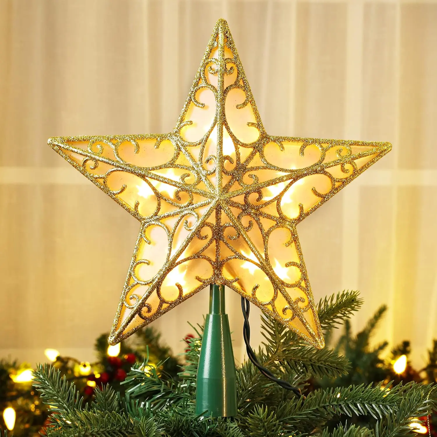 Christmas Tree Topper, 9.5"  Xmas Tree  with 10 Lights | 120V UL Certified -side  Treetop; Glittered  Lighted Xmas Treetop Plug in for Holiday Christmas Tree Decor
