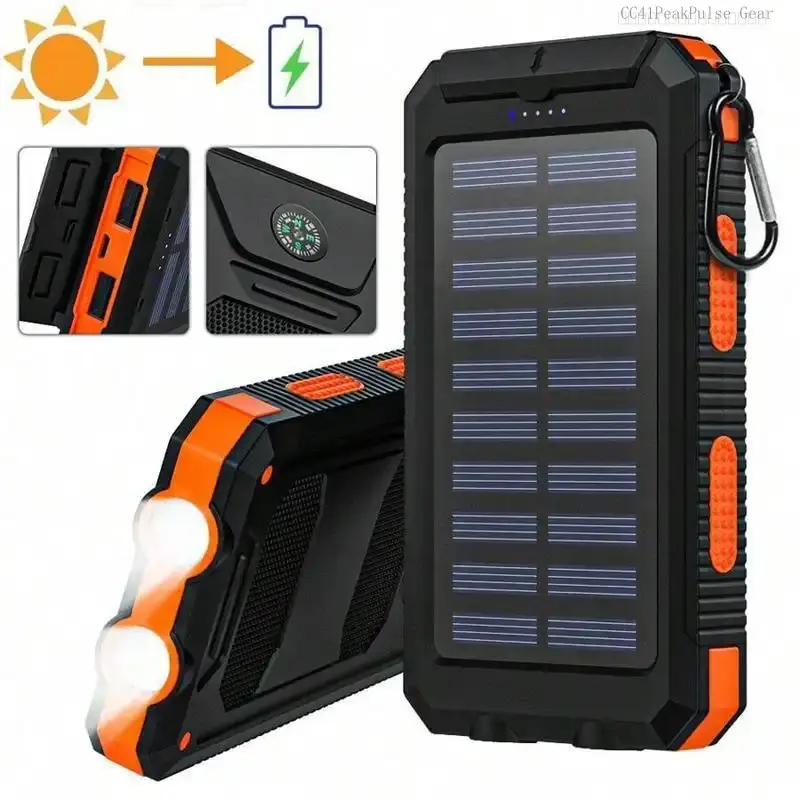 Portable Solar Power Bank, Portable Solar Mobile Phone Charger, Camping External Battery Charger for Mobile Phones, 2 USB/ LED Flashlights with Compass for Outdoor Activities 38800mAh Great Gift for Outdoor EnthusiastsFFSummitSupply7CC41PeakPulse Gear